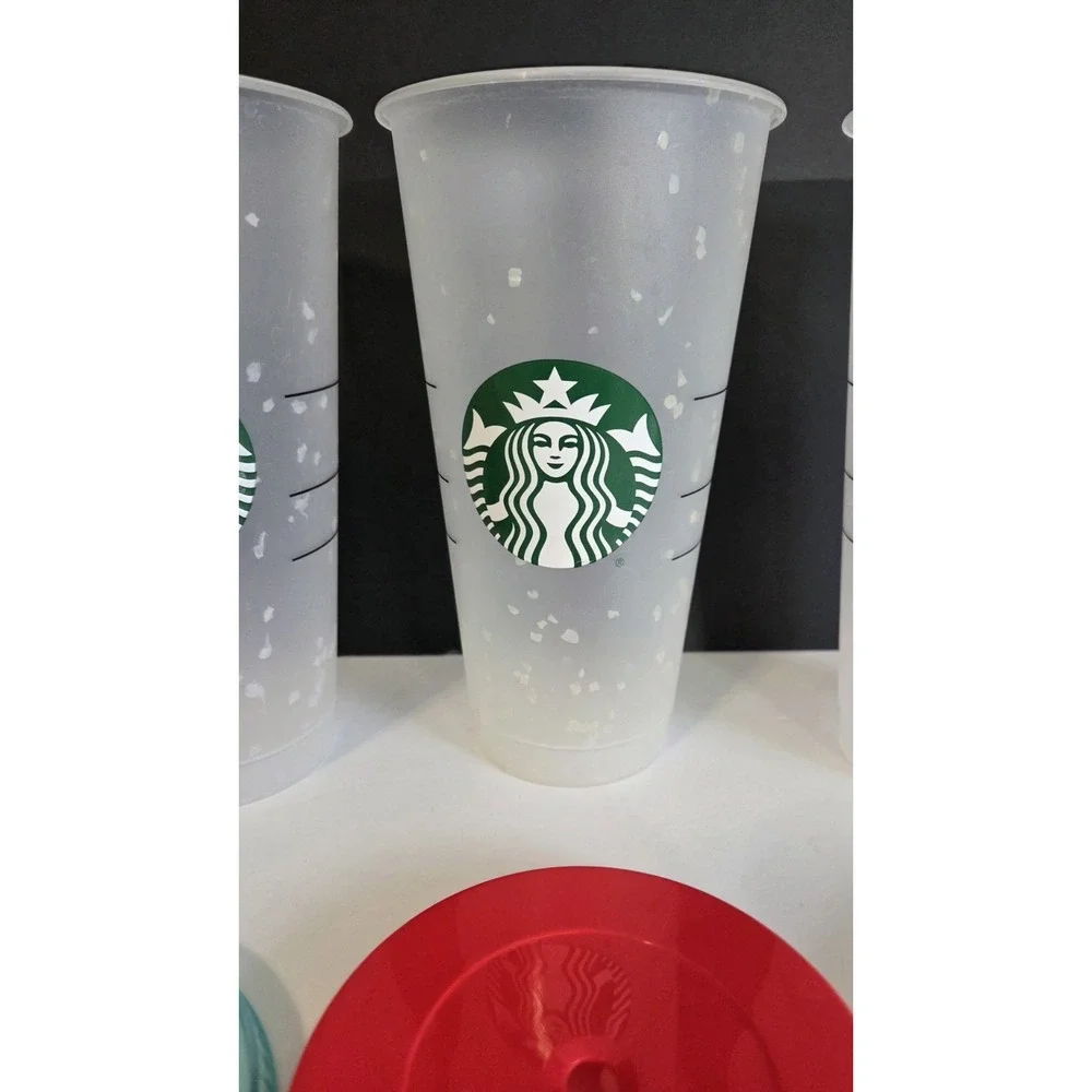 Starbucks Venti Set of 5 Reusable Cold Cups Frosted Confetti w/ Lids NWOT‎